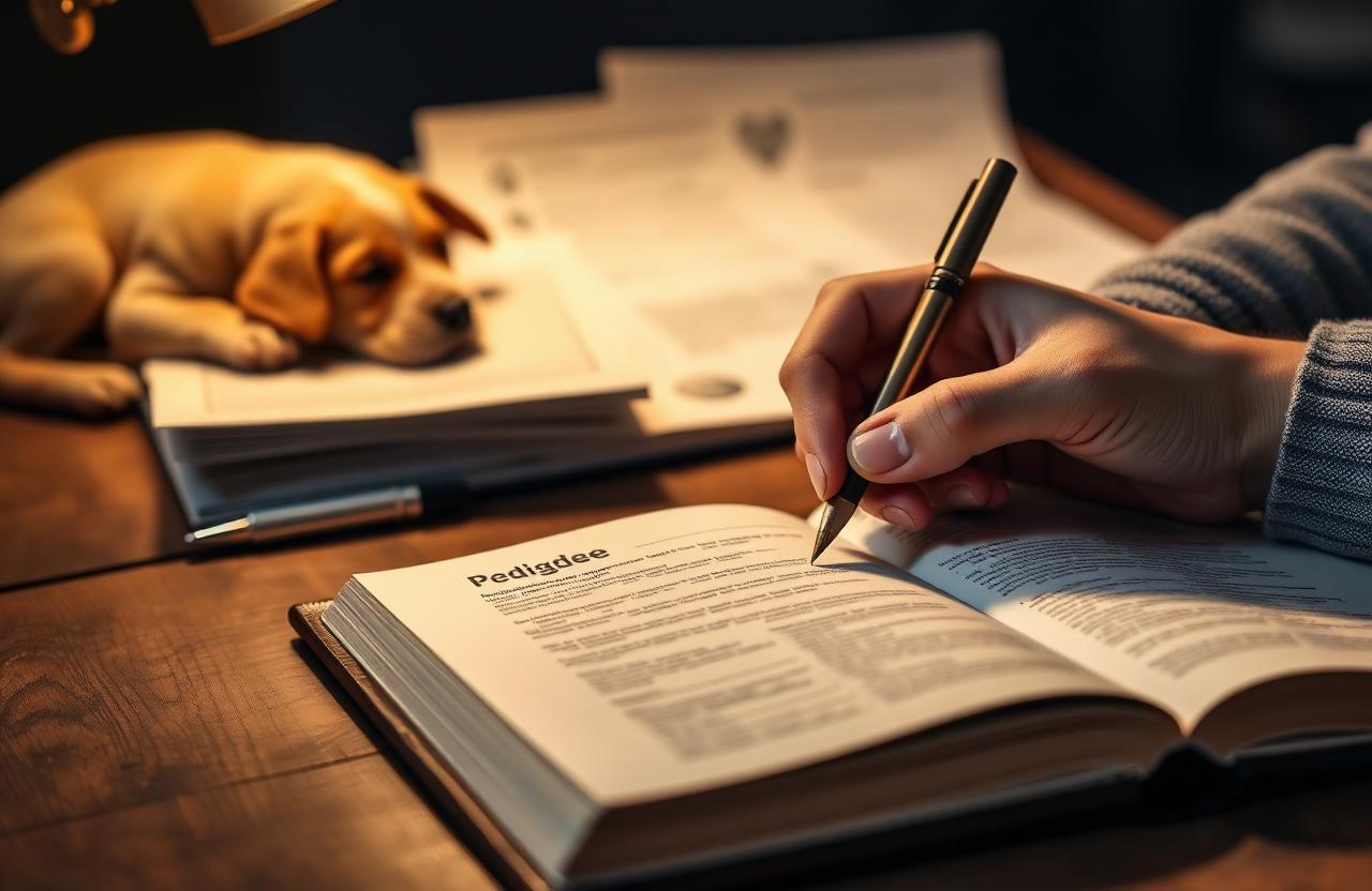 Ruky pozorne píšu do knihy rodokmeňov vedľa veterinárnych dokumentov