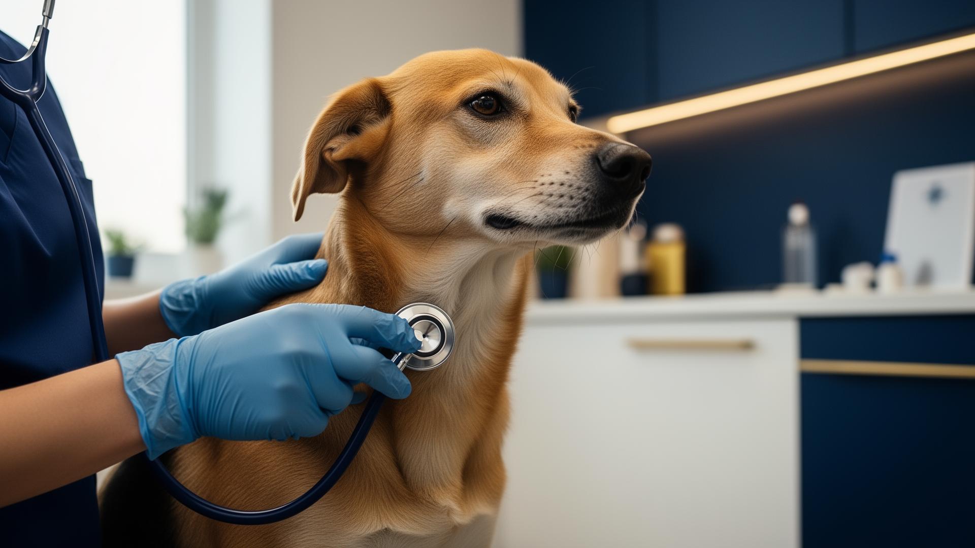 Veterinár vyšetruje zdravého psa stetoskopom v modernej klinike