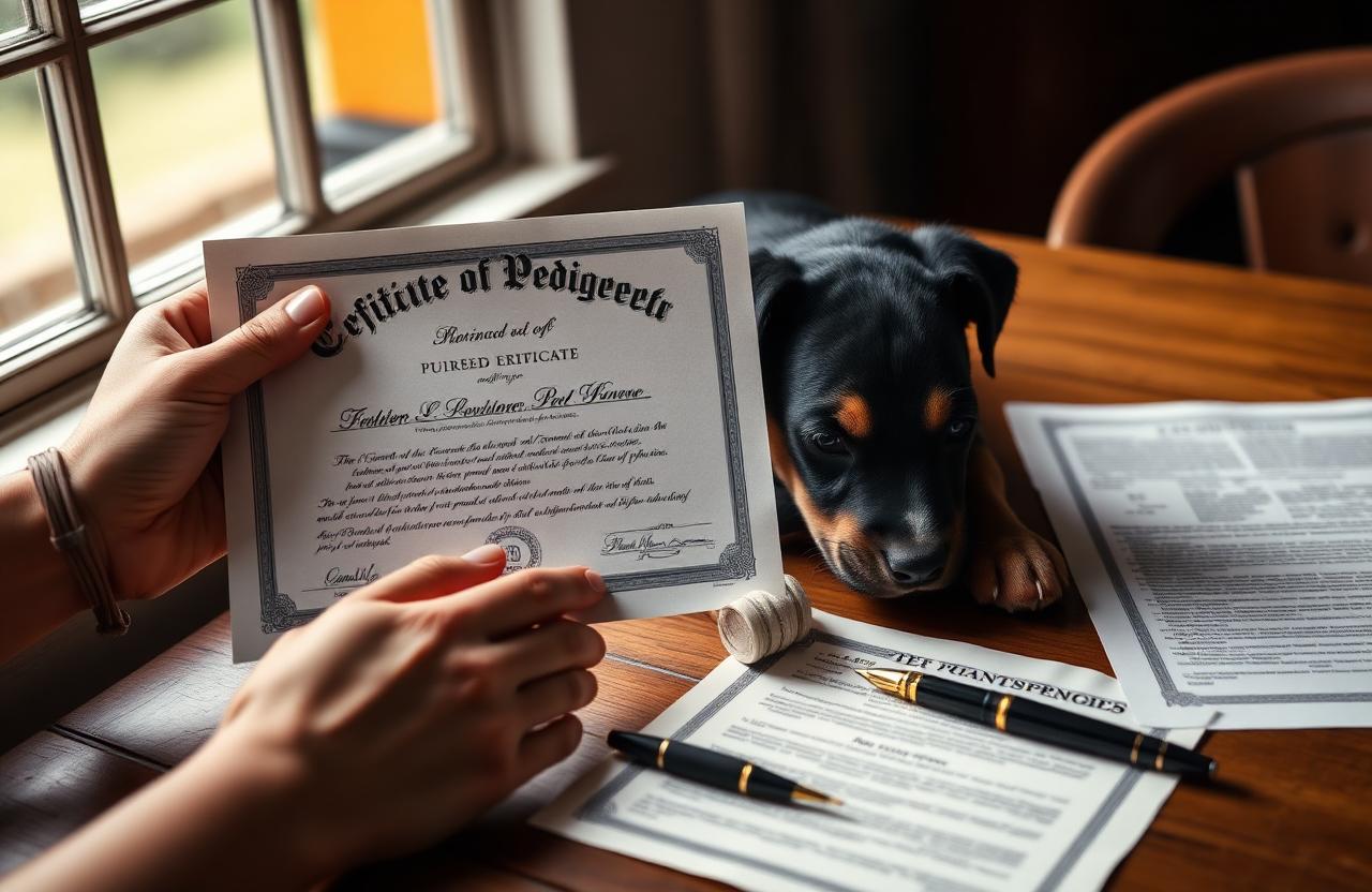 Ruky držiace preukaz pôvodu vedľa čistokrvného šteňaťa